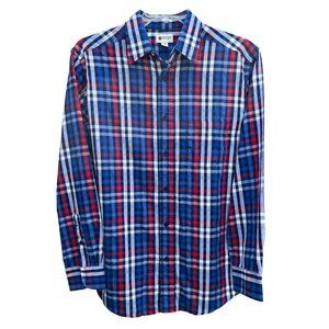 NEW Men's Haggar Blue Plaid Cotton Blend Long Sleeve Casual Shirt - Medium